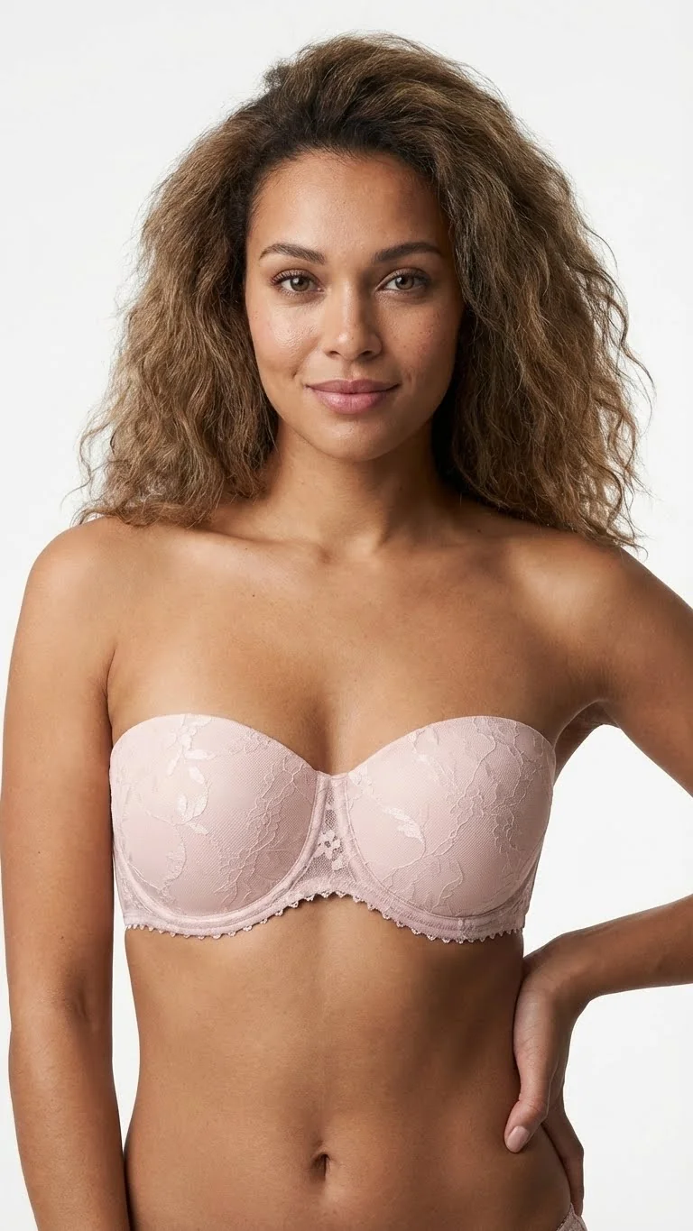 LunaIntim Pudra Dantel Kaplı Straplez Sütyen Push-Up Destekli Kaymaz Model - Model Üzerinde